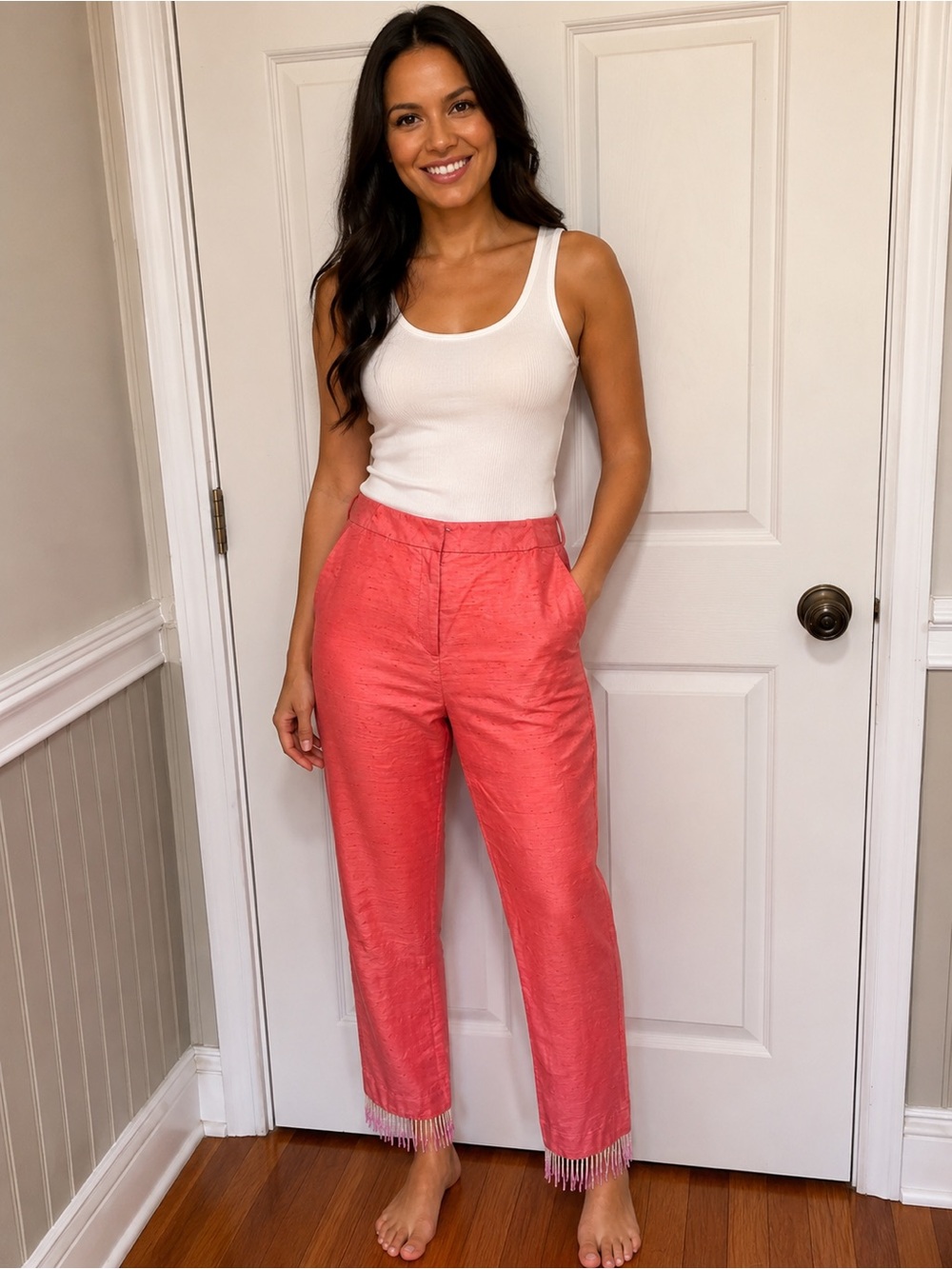 Vintage Nicole Miller Collection Silk Fringe Hem Pants Coral Pink Y2K Size 6 NWT